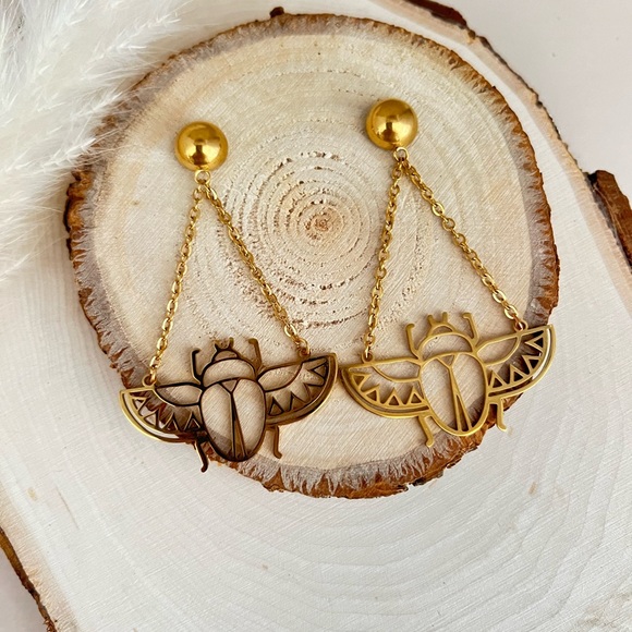 Ancient Egyptian Beetle Trendy Earrings - Egyptian Scarab Beetle Edgy Earrings - Picture 3 of 17